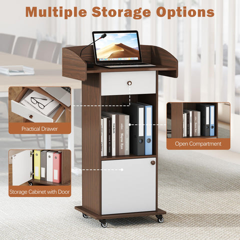 Suuiwau Podium Stand with Drawer, Storage Cabinet and Wheels