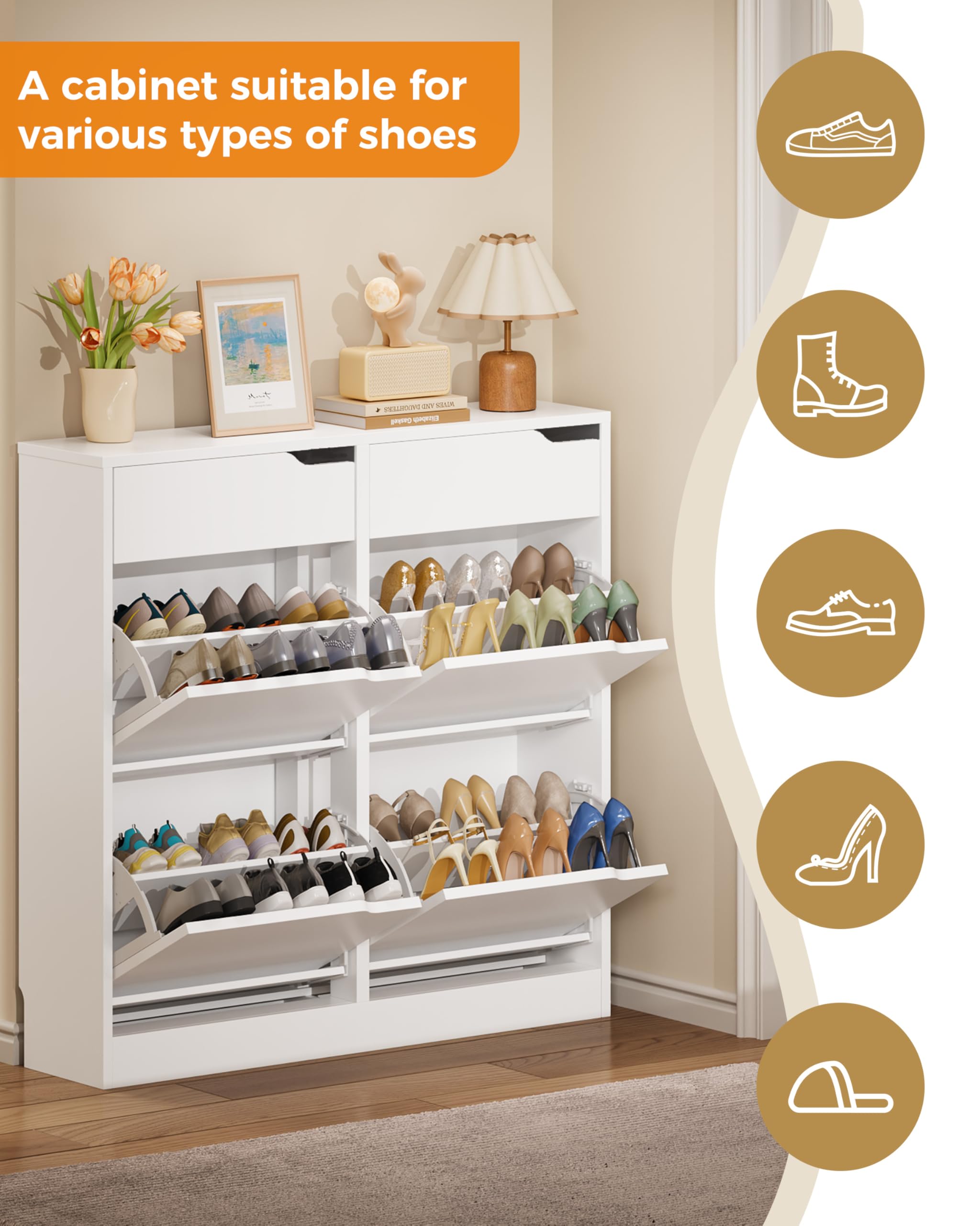 IRONCK Shoe Cabinet with 4 Flip Drawers & 2 Drawers, Freestanding Shoe Rack Cabinet, Shoes Storage Cabinet with Adjustable Shelves