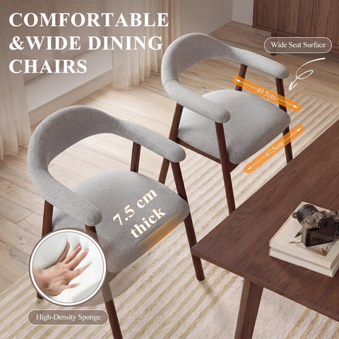 MALOL Wooden Dining Chairs Set of 2, Fabric Chairs for Dining Room with Armrest, Upholstered Kitchen Chairs with Curved Back and Wood Legs for Dining