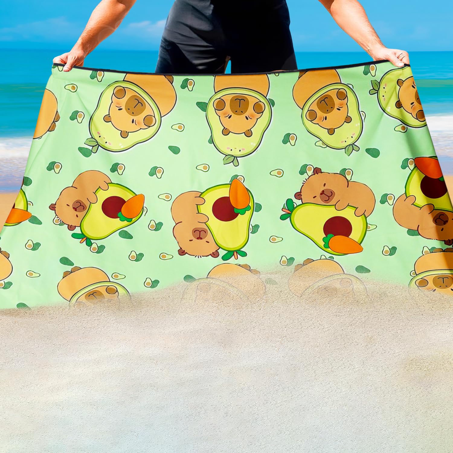 Violetpos Capybara & Avocado Beach Towel, Extra Large 180x90 cm 250GSM Microfibre, Sand Free Quick Dry
