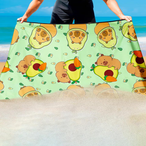 Violetpos Capybara & Avocado Beach Towel, Extra Large 180x90 cm 250GSM Microfibre, Sand Free Quick Dry