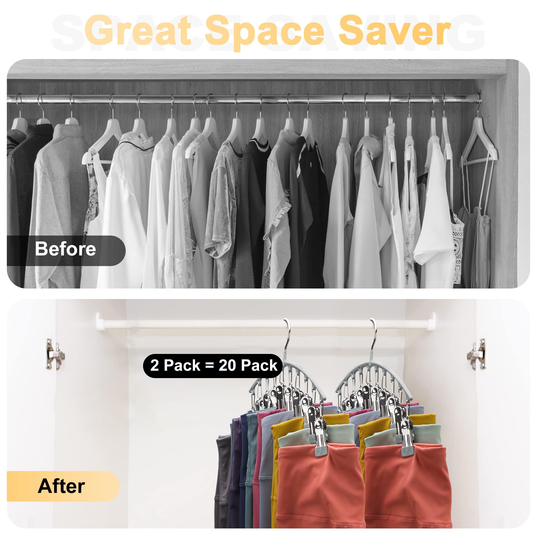Volnamal Leggings Organiser, Metal Yoga Pants Hangers with Rubber Coating, 4 Pack 10 Clips for 40 Leggings Space Saving Hanging Closet Organizer Grey