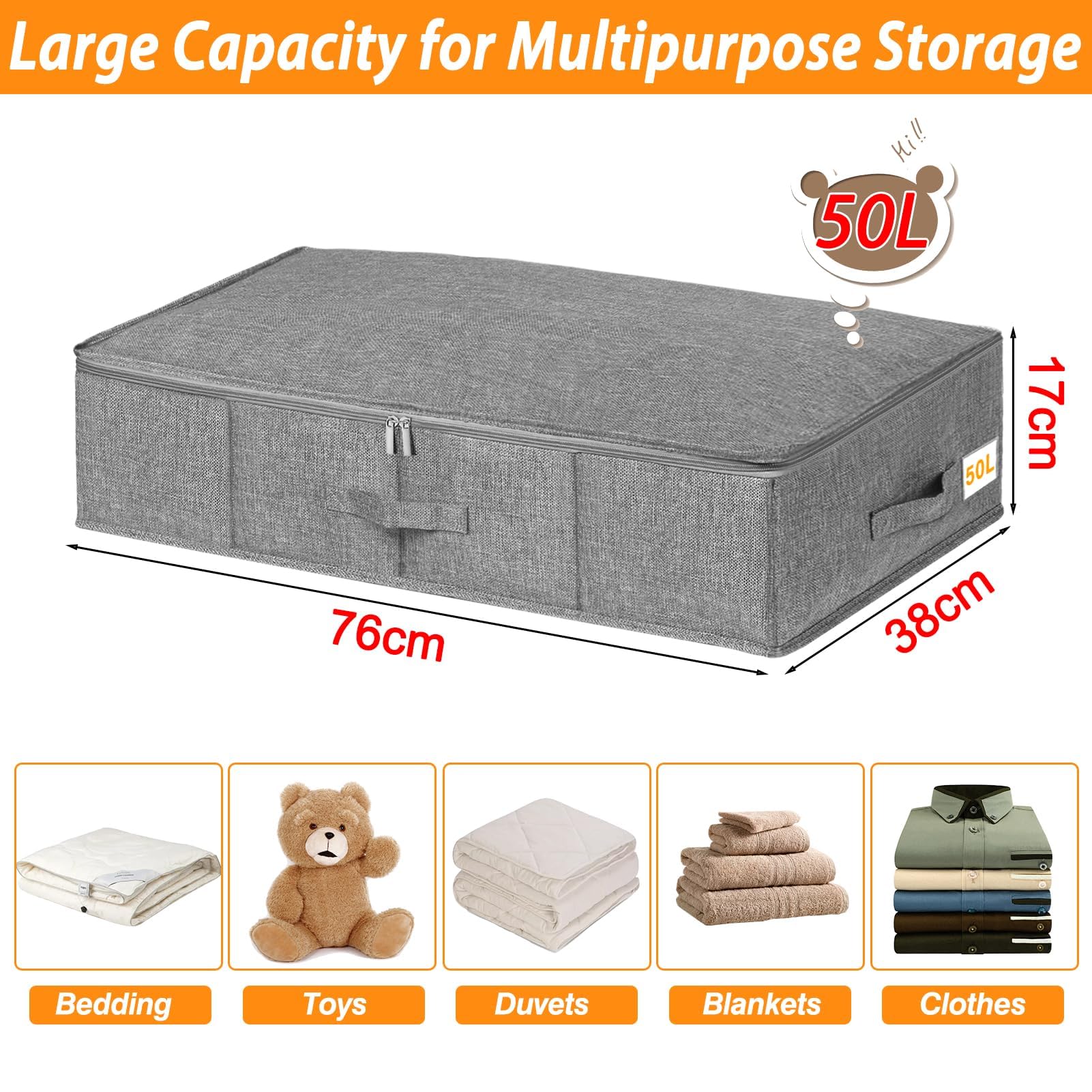 Huquter 50L 17cm Tall Underbed Storage Boxes with Zipped Lids, 2 Pack, Grey