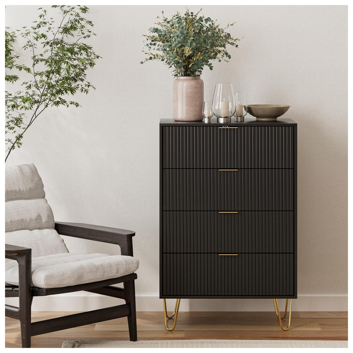 HEYZOEY Chest of 4 Drawers for Bedroom, 60x34x91cm, Wood Storage Dresser Bedroom Furniture Cabinet for Living Room,Office,Lounge,Black