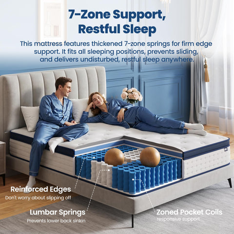 BedStory Small Double Mattress, 10.3 Inch Hybrid Mattress, 7-Zone Mattress with Breathable Foam and Individually Pocket Sprung Firm- Extra Lumbar