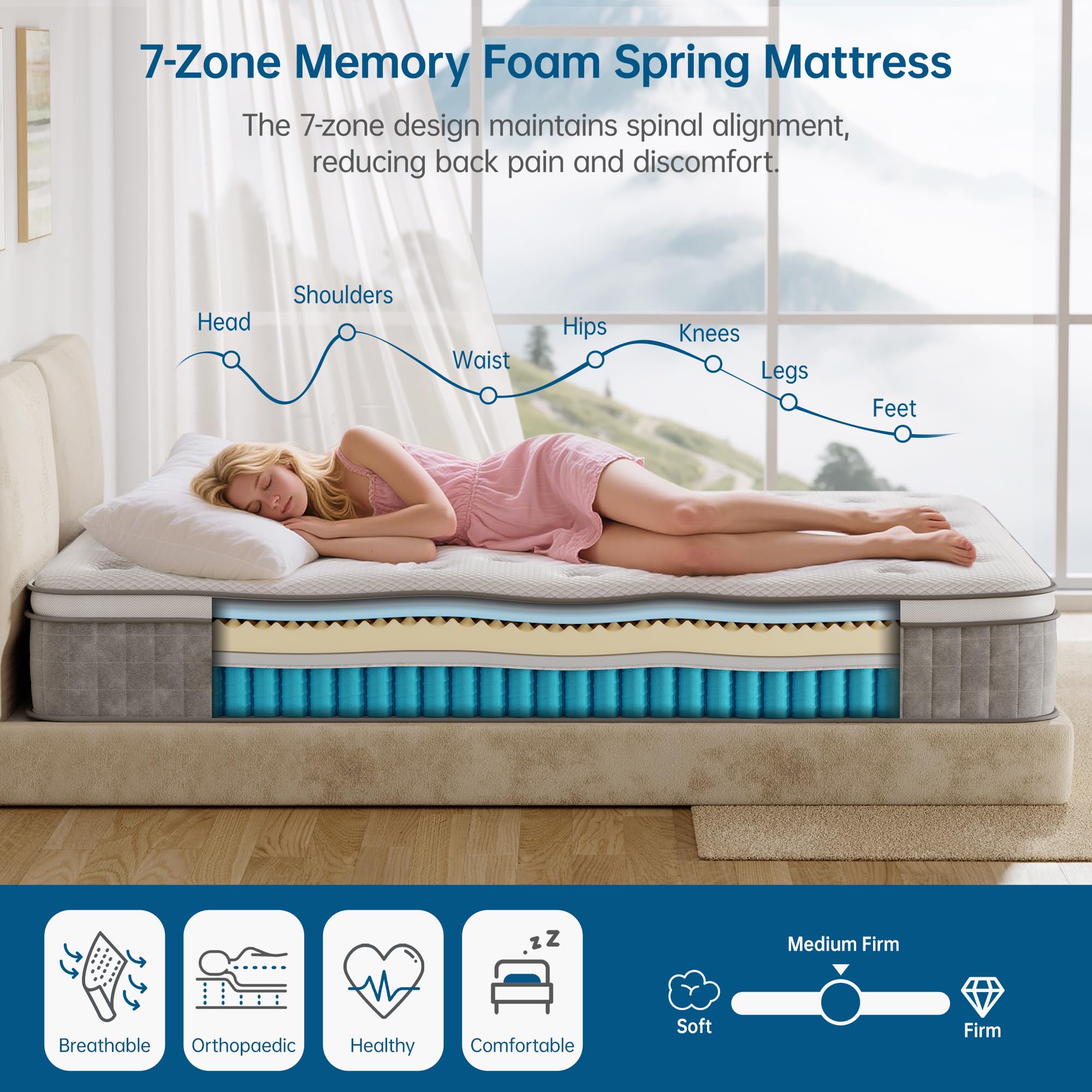 TeQsli 10 Inch 7-Zone Single Mattress, 3FT Memory Foam & Pocket Sprung Hybrid Single Mattress for Pressure & Back Pain Relief – Medium Firm