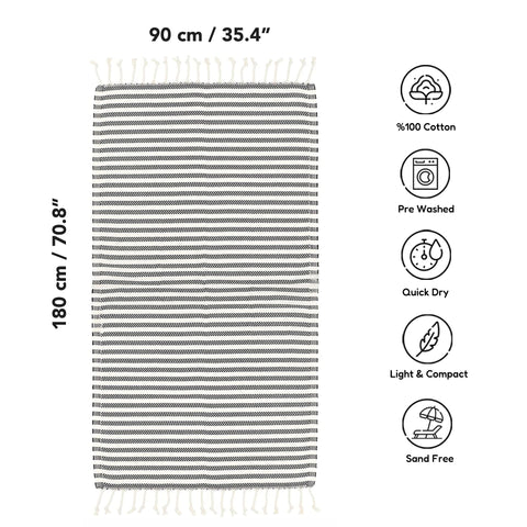 Blue Beach Turkish Towel Striped - 90 x180cm Large Turkish Hammam Peshtemal Towel - Super Absorbent, Quick Dry, Lightweight