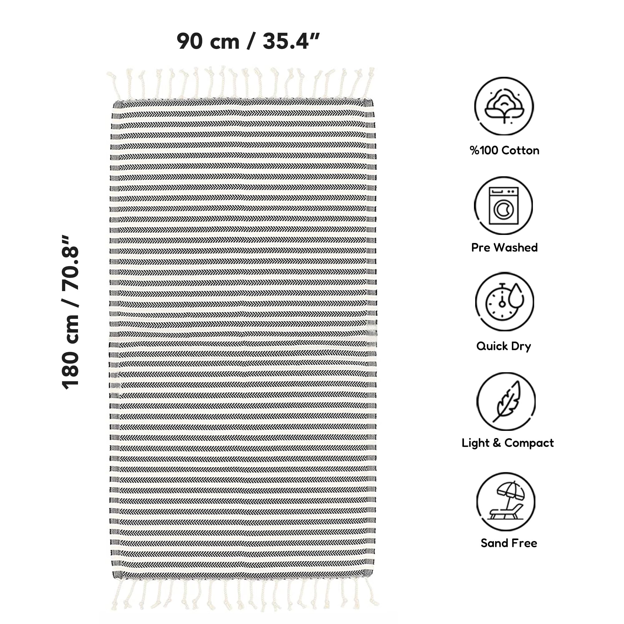 Blue Beach Turkish Towel Striped - 90 x180cm Large Turkish Hammam Peshtemal Towel - Super Absorbent, Quick Dry, Lightweight