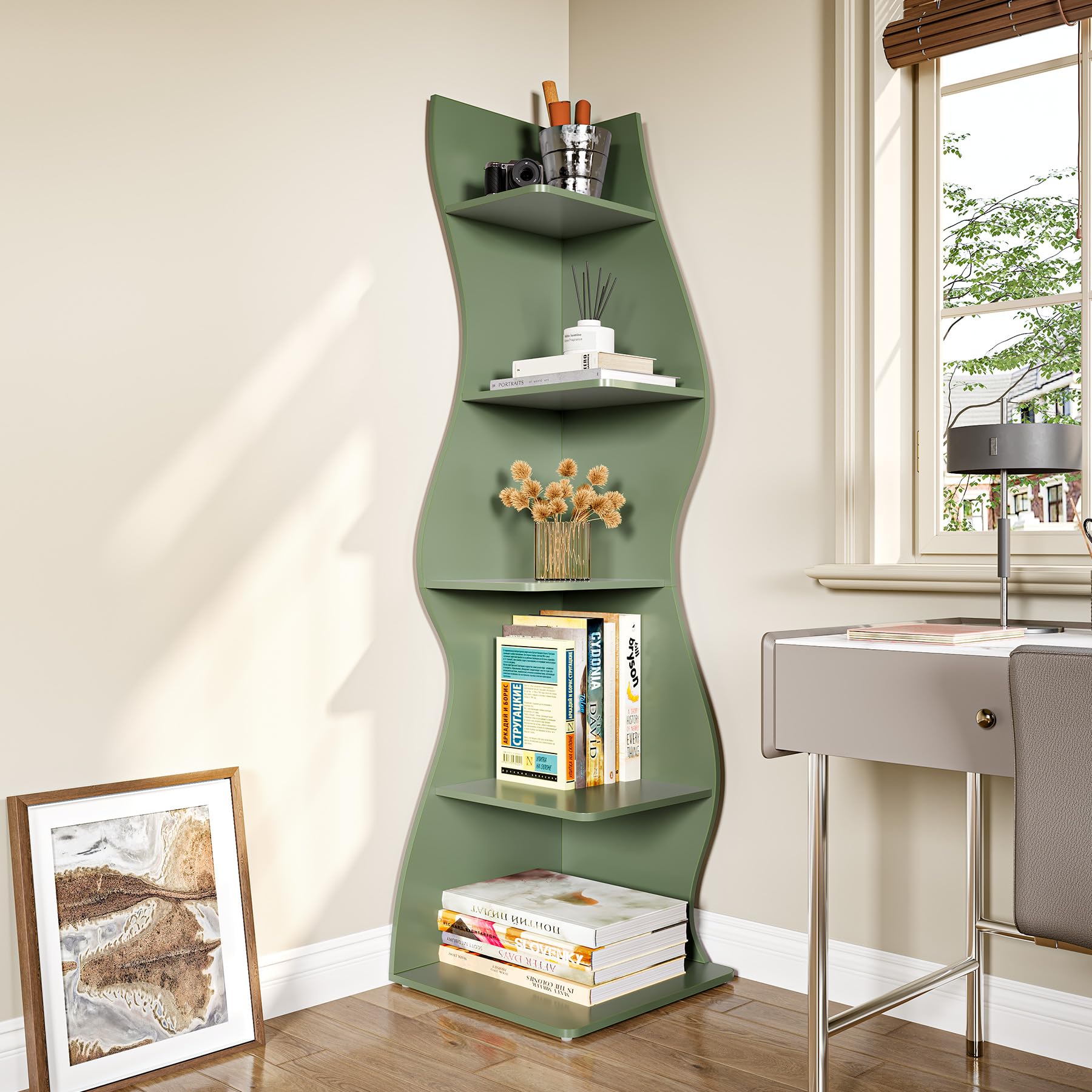 LITTLE TREE Small Corner Shelf, Modern 5-Tier Wall Corner Bookshelf, Stylish Bookcase Storage Rack for Small Space, Living Room, Bedroom Green