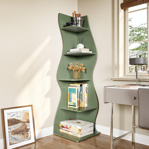LITTLE TREE Small Corner Shelf, Modern 5-Tier Wall Corner Bookshelf, Stylish Bookcase Storage Rack for Small Space, Living Room, Bedroom Green