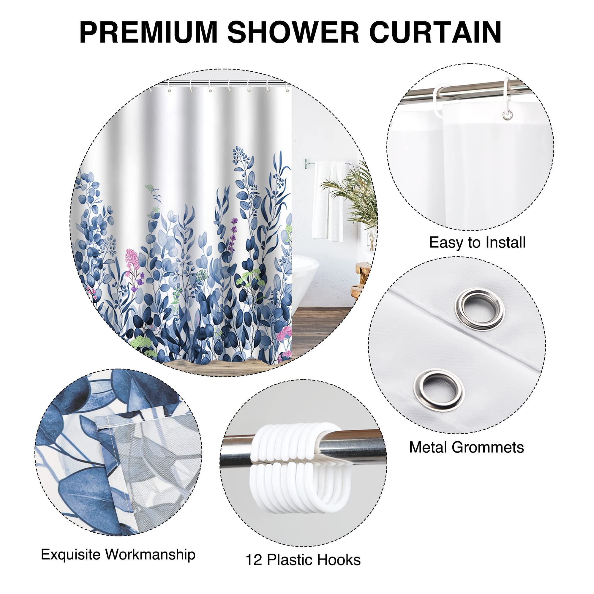 WELTRXE Shower Curtains, Bathroom Shower Curtain with 12 Hooks, Waterproof Polyester Fabric Bathtub Curtain, Weighted Hem, Quick Dry