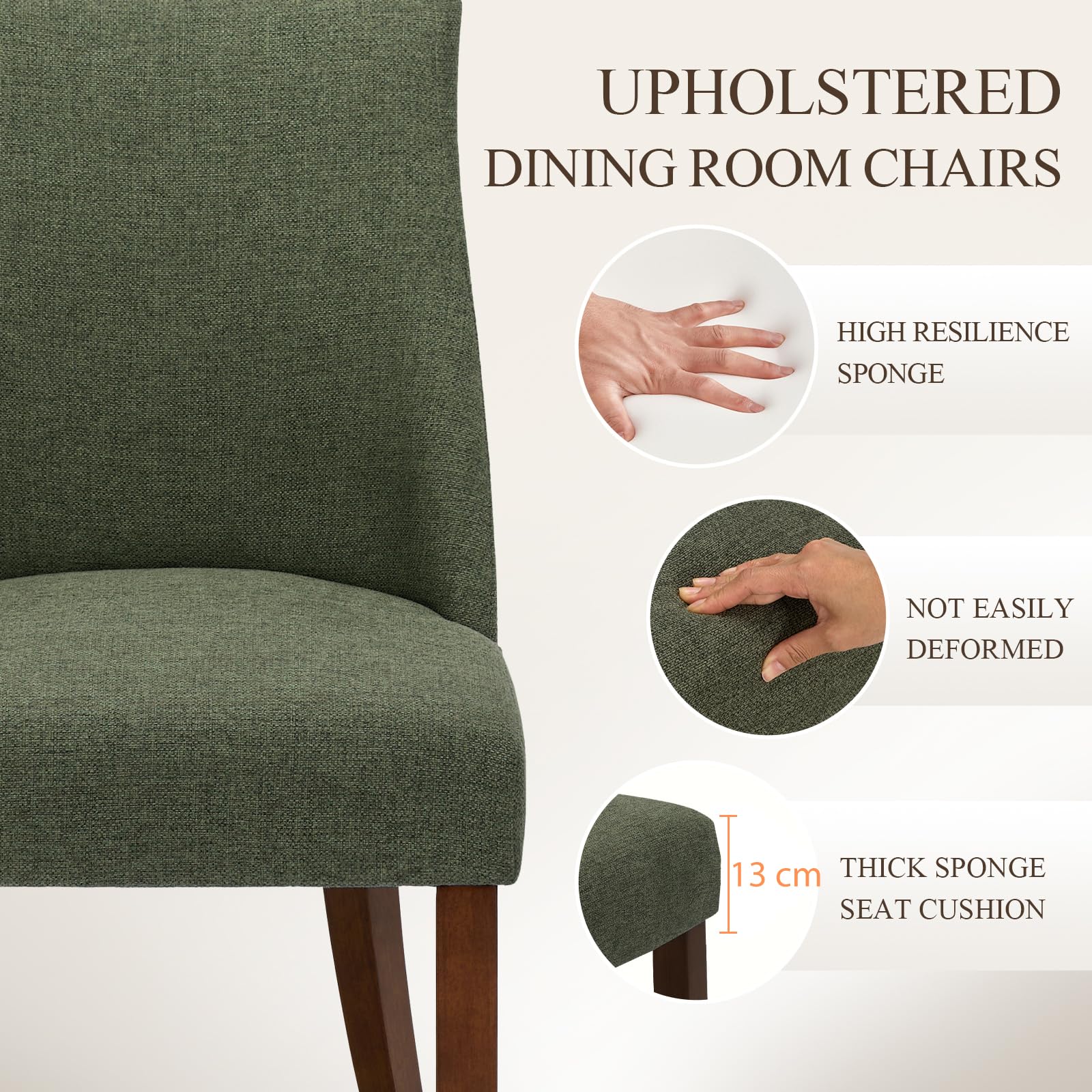 COLAMY Upholstered Dining Chairs Set of 2, Linen Fabric Parsons Dining Room Chairs with Curved Backrest, Solid Rubber Wood Legs