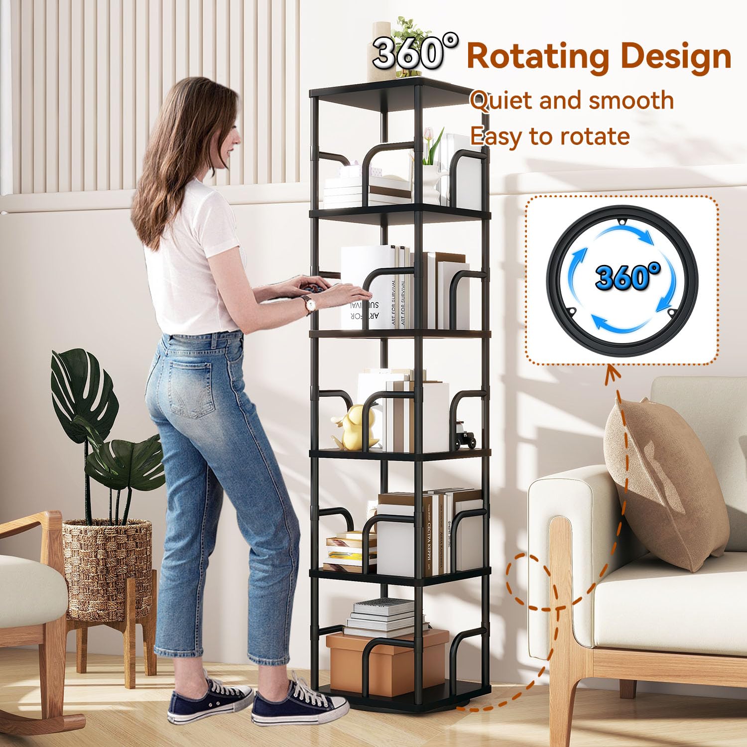 IBUYKE 6 Tier Rotating Bookshelf,Square Bookcases,Black TBC005B