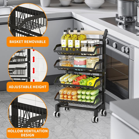 4-Tier Adjustable Vegetable Storage Rack, Removable Fruit Basket Cart