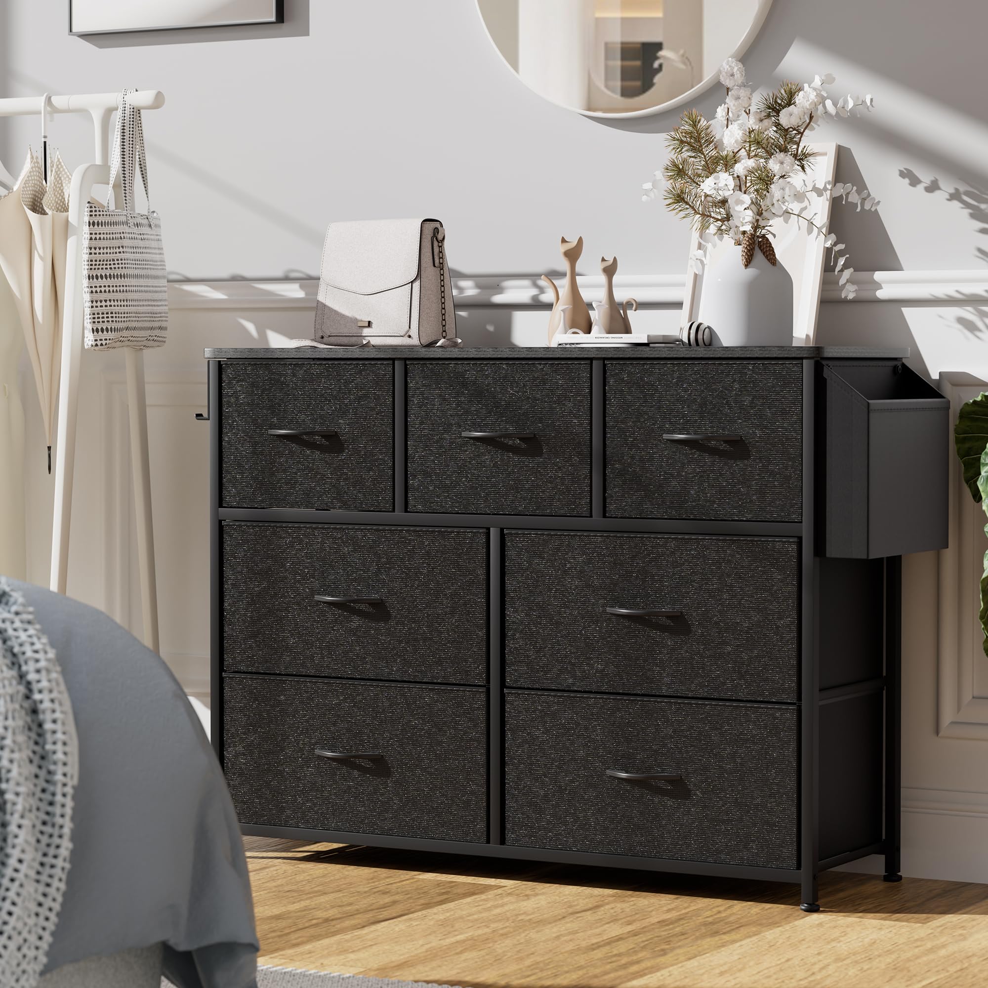PURFINO Fabric Chest of Drawers - Canvas Storage Unit with 7 Drawers, Label Cards, Side Pocket & Hook for Living Room, Hallway, Bedroom