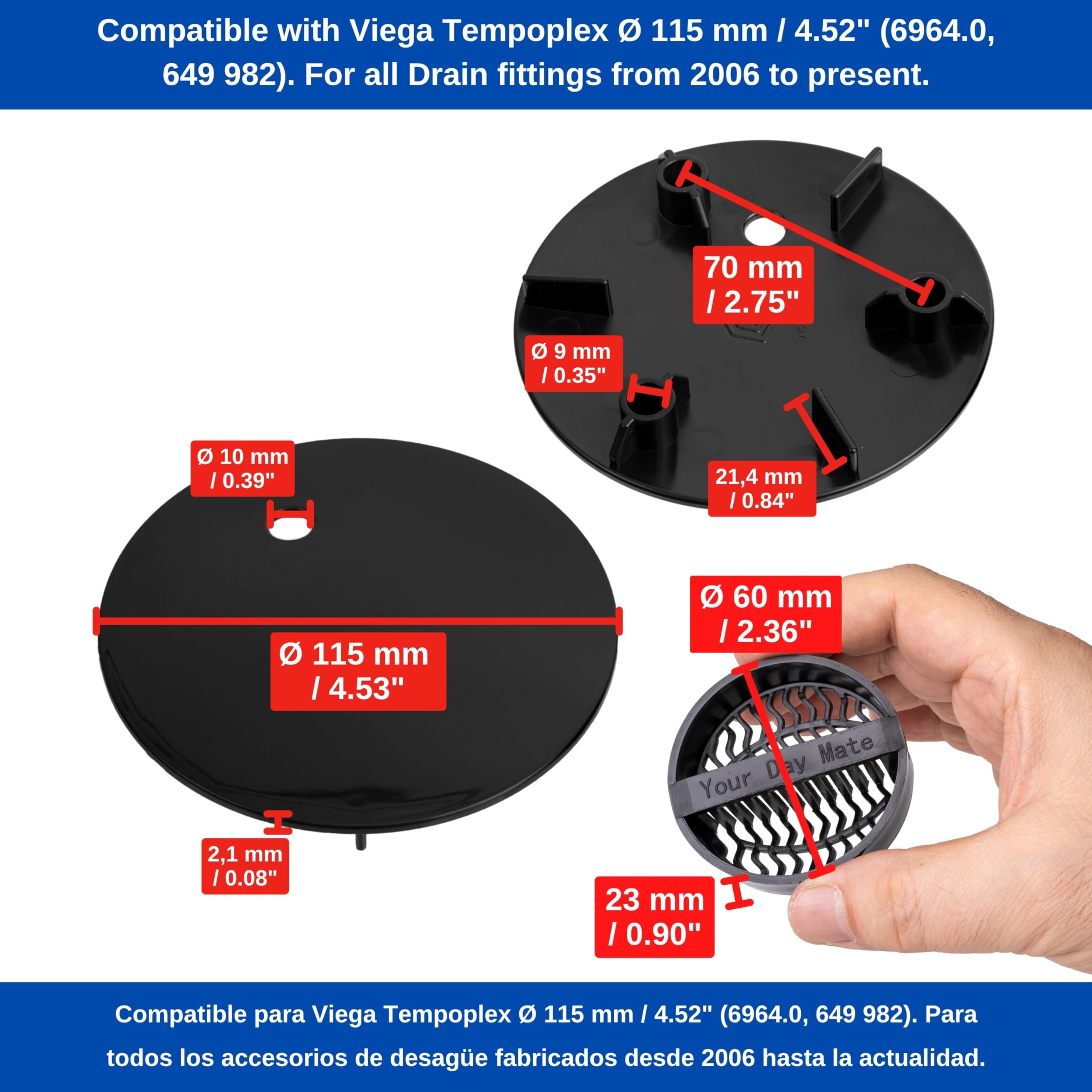 Cover Set with Hair Strainer for Shower Drain, Ø 115 mm, Compatible with Viega Tempoplex Drain from Year of Manufacture 2006