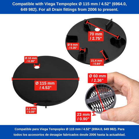 Cover Set with Hair Strainer for Shower Drain, Ø 115 mm, Compatible with Viega Tempoplex Drain from Year of Manufacture 2006
