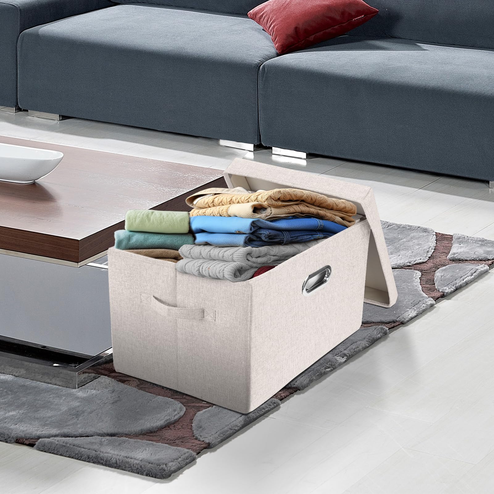 TYEERS Large Storage Box with Lid, Collapsible, Washable, Fabric Storage Box for Clothes, Wardrobe Storage, 44x30x29 cm, Set of 5, Beige