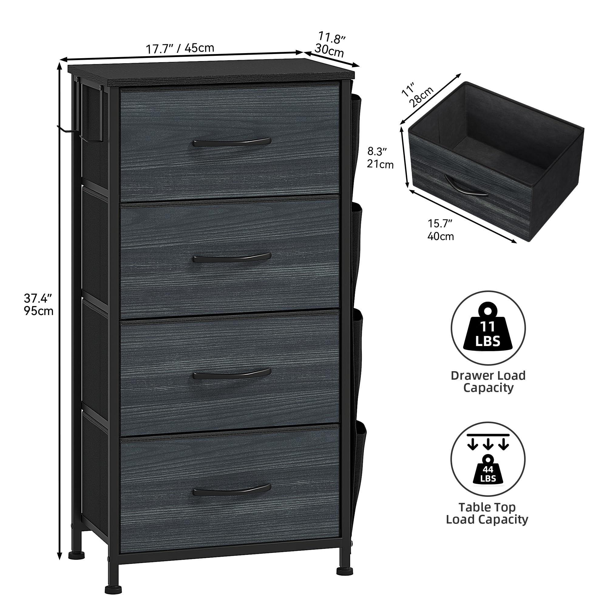 DWVO Narrow Chest of Drawers with 4 Drawers, Fabric Chest Drawers with Side Pocket&Hooks,Easy Pull Handle,Sturdy Steel Frame for Bedroom,Living