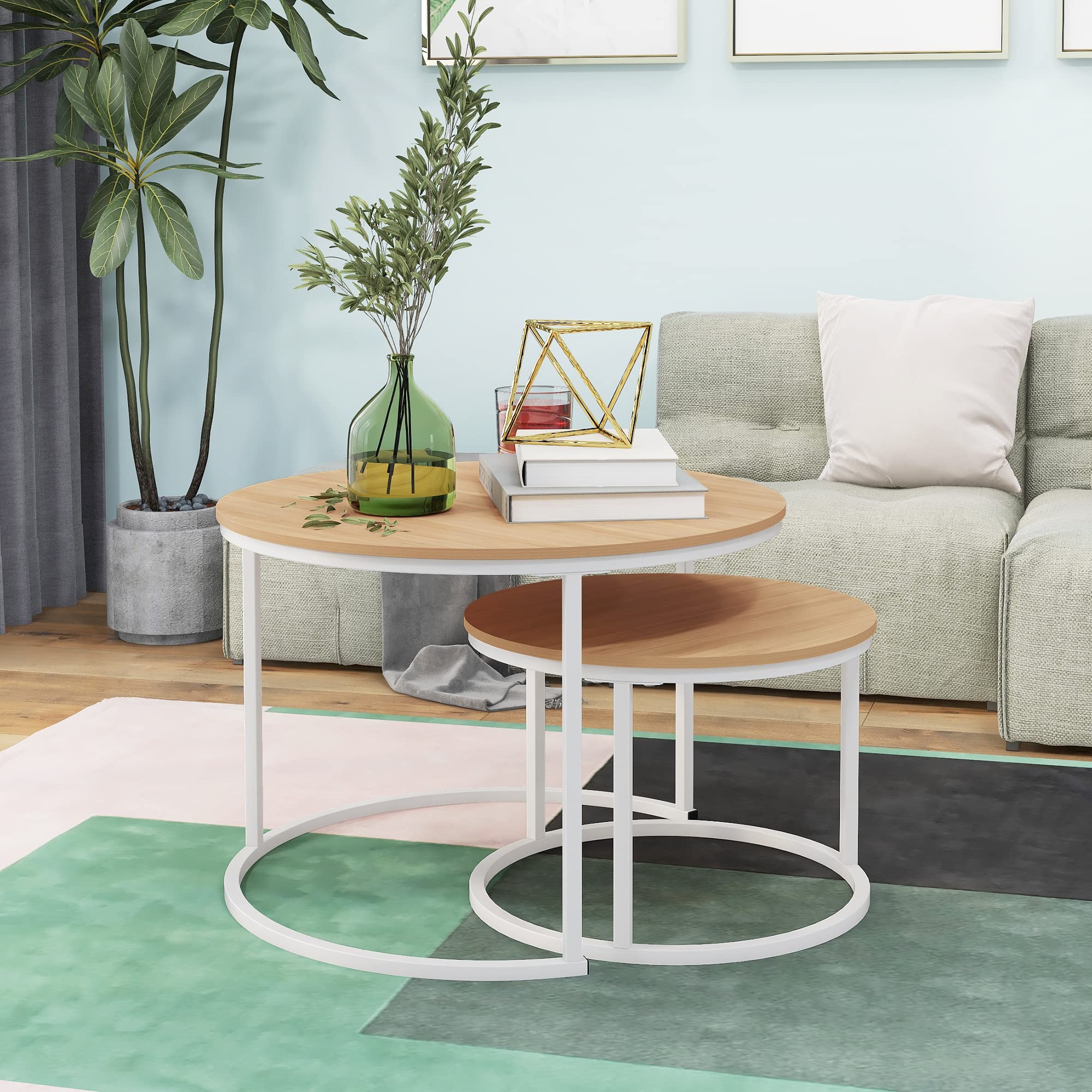 HOJINLINERO Round Nesting Coffee Table Set of 2 End Table for Living Room,69.5x49cm Industrial Stacking Side Table for Living Room/Bedroom/Small