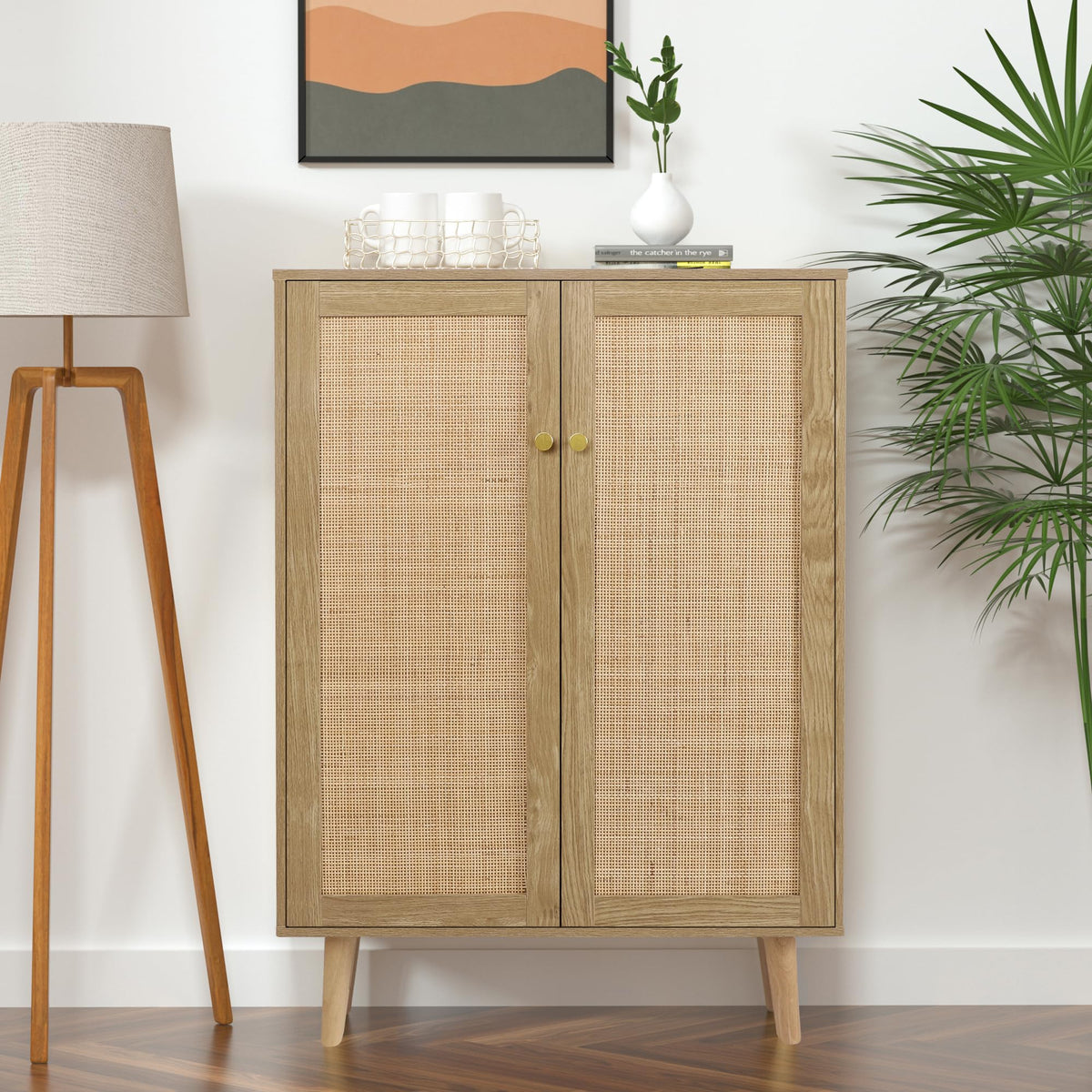 Yvsevnr Rattan Sideboard Cabinet with 2 Doors, Kitchen Storage Cupboard with Adjustable Shelves for Living Room Hallway Entryway