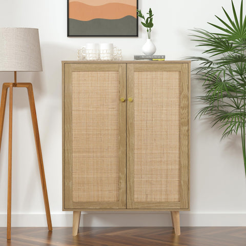 Yvsevnr Rattan Sideboard Cabinet with 2 Doors, Kitchen Storage Cupboard with Adjustable Shelves for Living Room Hallway Entryway