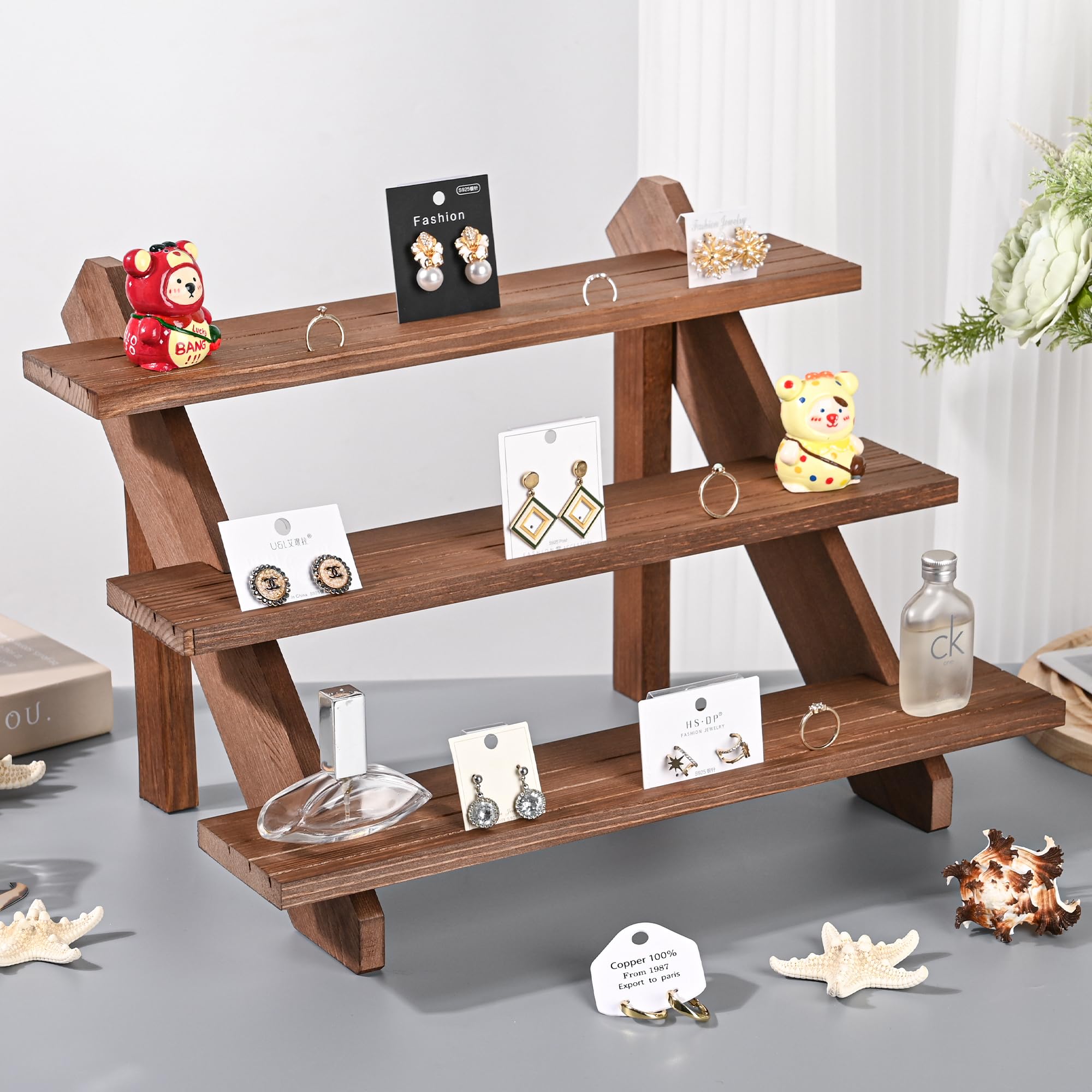 LEXFUNN Wooden Jewellery Display Rack Stand Earring Stall Stand Organizer Shelf 3/4 Tier (3 Tier - Brown)