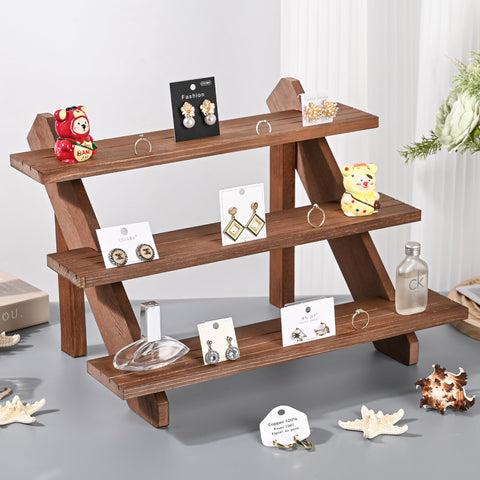 LEXFUNN Wooden Jewellery Display Rack Stand Earring Stall Stand Organizer Shelf 3/4 Tier (3 Tier - Brown)