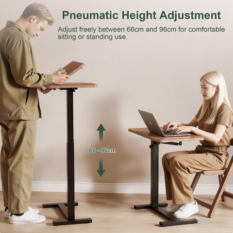 YunMeoCool C Shaped Side Table Adjustable Height with Hidden Wheels, Dual Pneumatic Lift & Tilt Top, (60x40cm) Mobile Overbed Table That Slide Under
