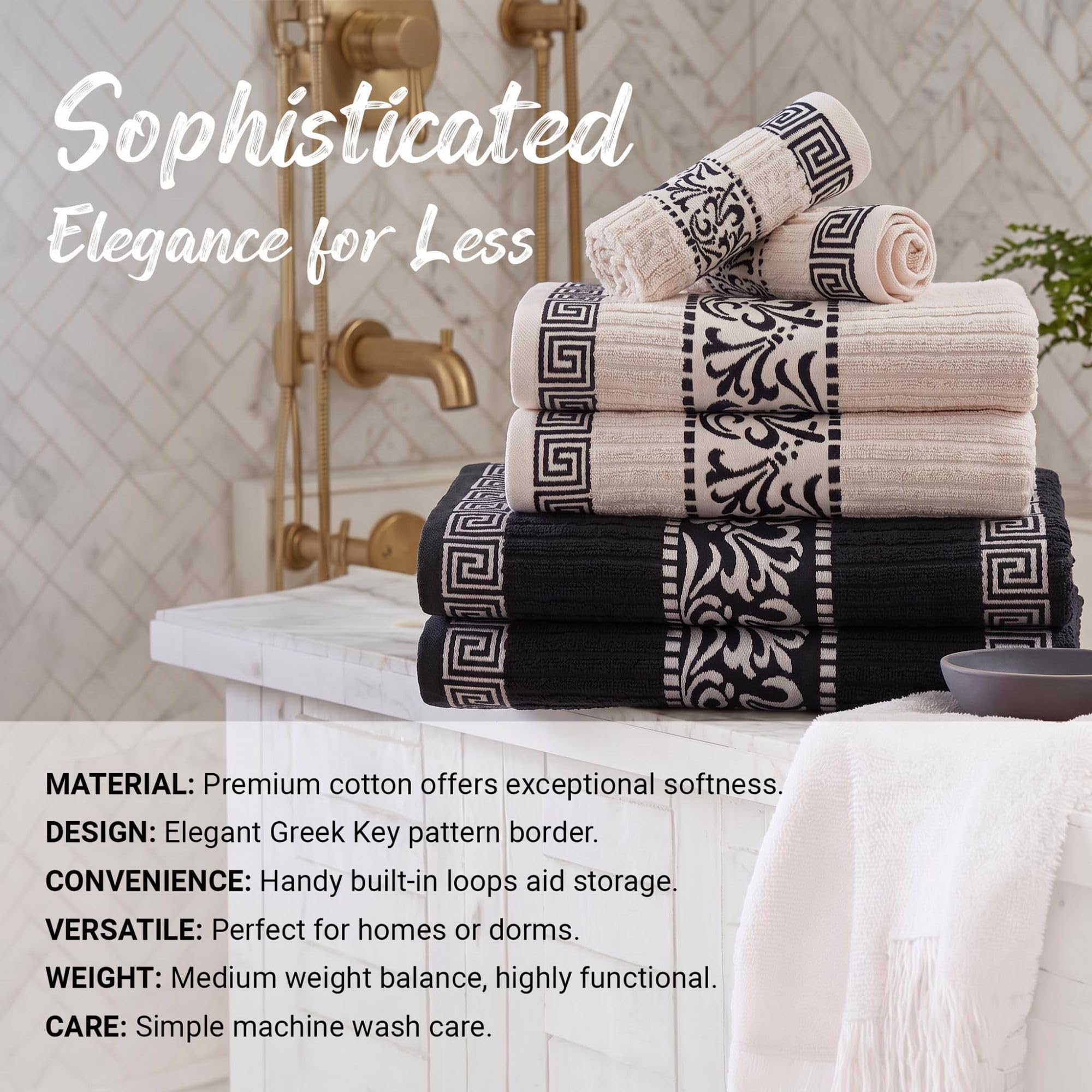 Superior Greek Pattern Decorative 6-Piece Towel Set, Absorbent Premium Cotton, Decor for Bathroom, Spa, Includes 2 Hand, 2 Face, and 2 Bath Towels