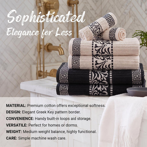 Superior Greek Pattern Decorative 6-Piece Towel Set, Absorbent Premium Cotton, Decor for Bathroom, Spa, Includes 2 Hand, 2 Face, and 2 Bath Towels