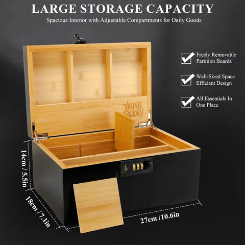 Viking Factory Large Lockable Bamboo Storage Box with Removable Tray and Combination Lock, 19-Piece Wooden Organizer Set with Jars