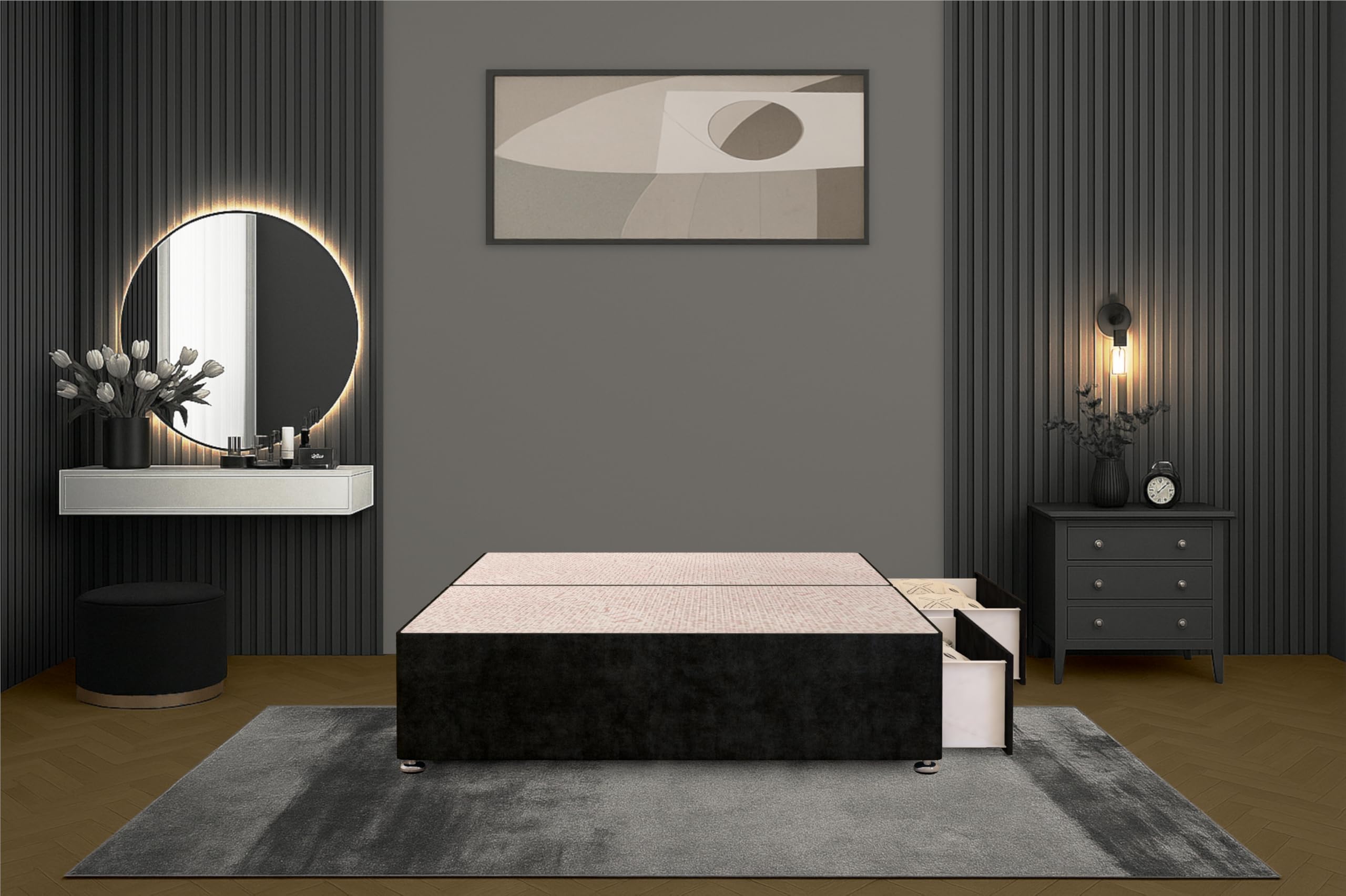 Bed Centre Flexby Divan Bed Base Only with 2 Drawers (Same Side), No Headboard - Available in 3FT, 4FT, 5FT & 6FT (3FT Single, Plush Black Fabric)