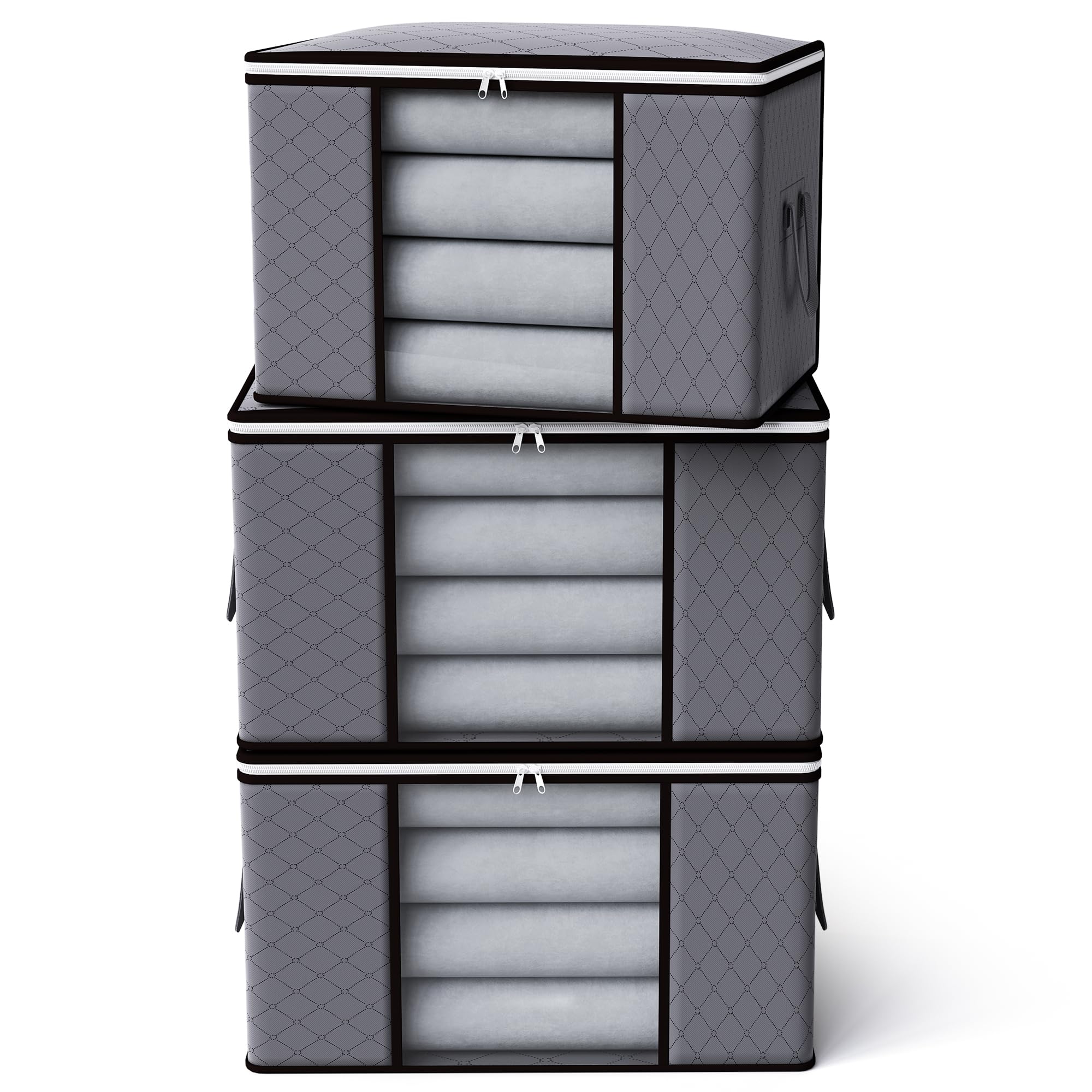 90L Storage Bags with Lid and Zips,3 Pack Foldable Storage Box with Reinforced Handle Thick Fabric Clear Window for Clothing Bedding Blankets, Grey
