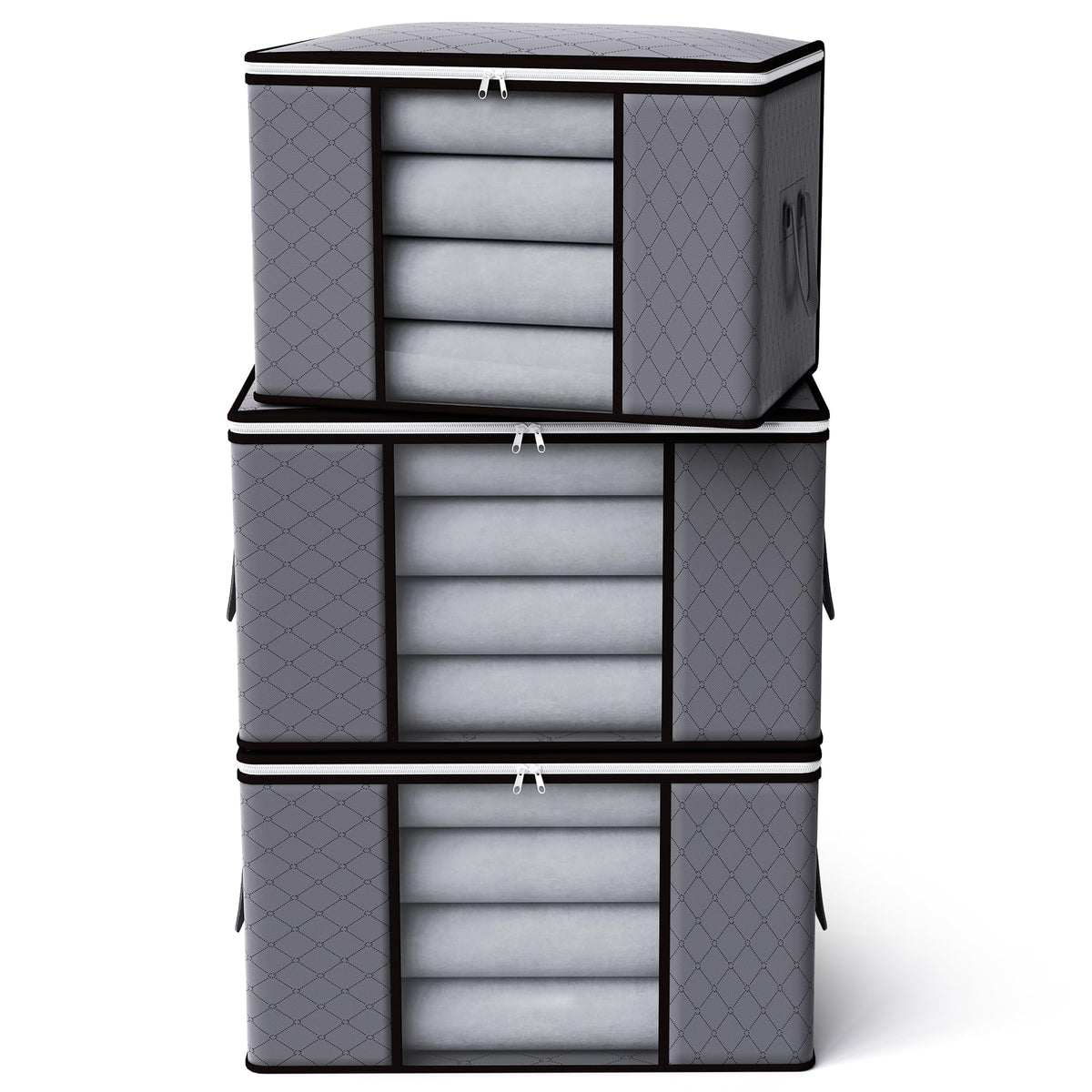 90L Storage Bags with Lid and Zips,3 Pack Foldable Storage Box with Reinforced Handle Thick Fabric Clear Window for Clothing Bedding Blankets, Grey