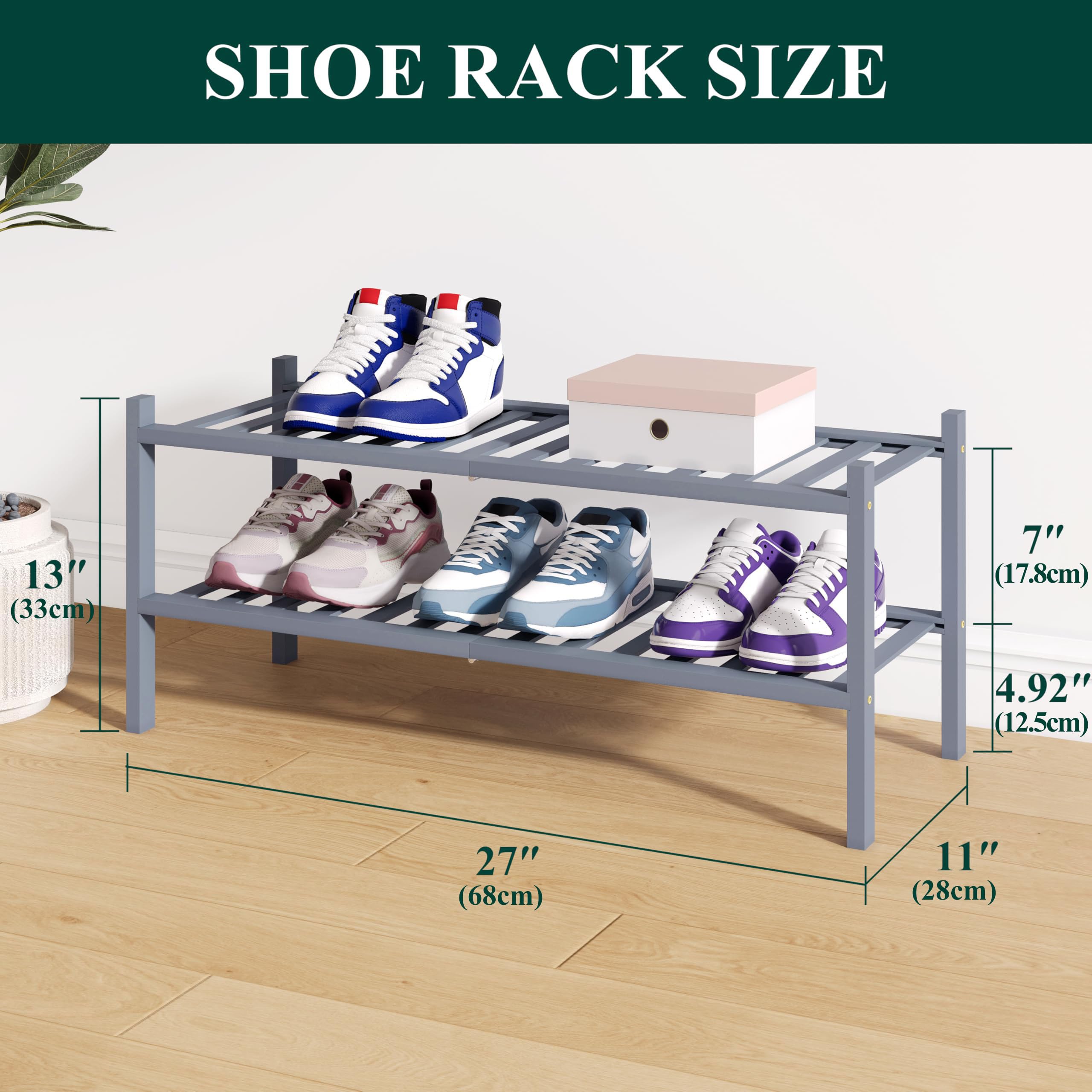 smiry Natural Bamboo Shoe Rack, 2 Tier Wooden Stackable Shoe Storage Organiser, Free Standing Shoes Storage Shelf for Entryway, Hallway, Small Spaces