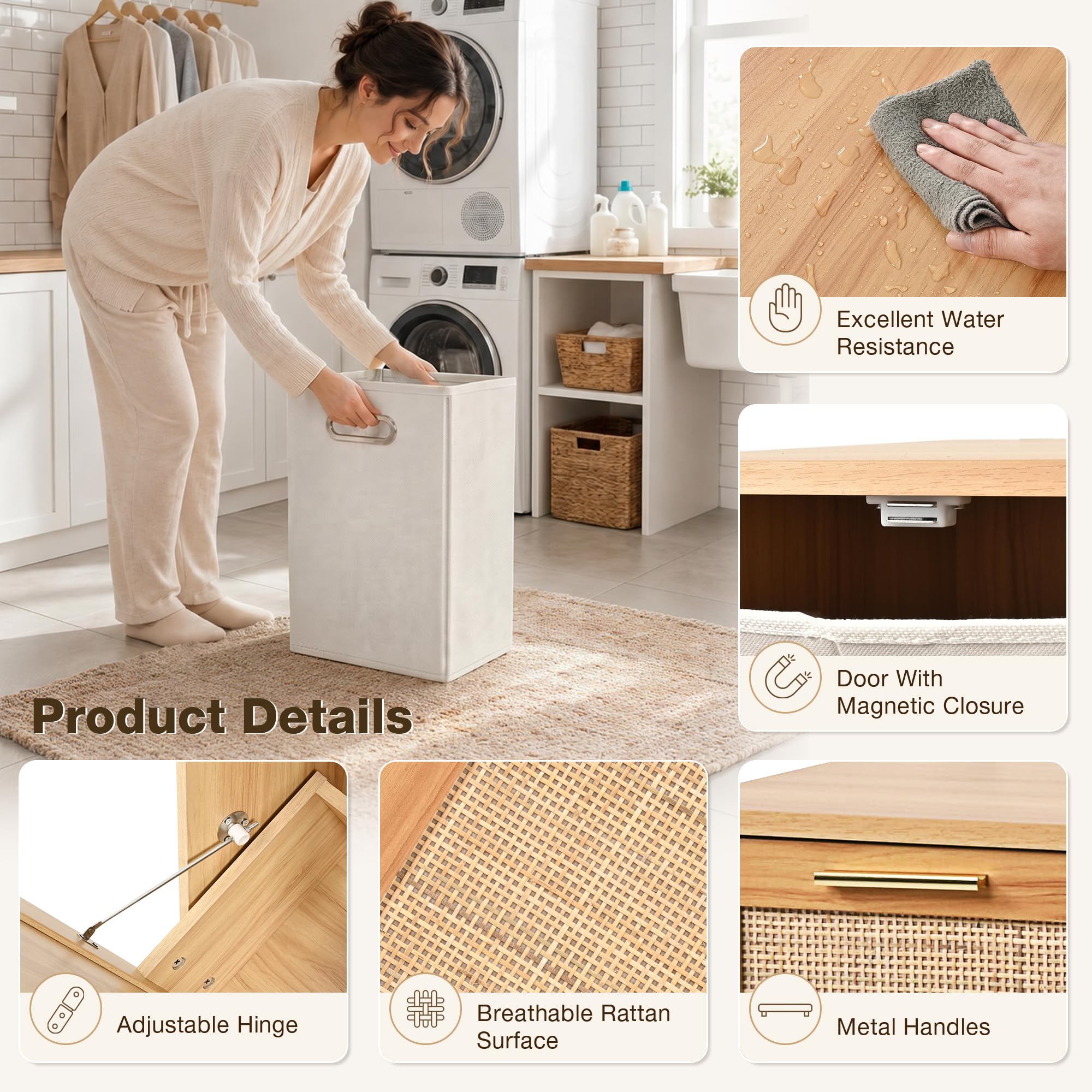 PATIOPIA Bathroom Cabinet with Laundry Baskets, Tilt Out Laundry Hamper, Bathroom Storage Cabinet with Real Rattan Design