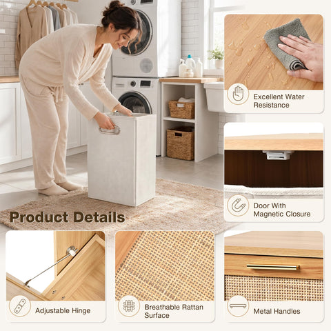 PATIOPIA Bathroom Cabinet with Laundry Baskets, Tilt Out Laundry Hamper, Bathroom Storage Cabinet with Real Rattan Design