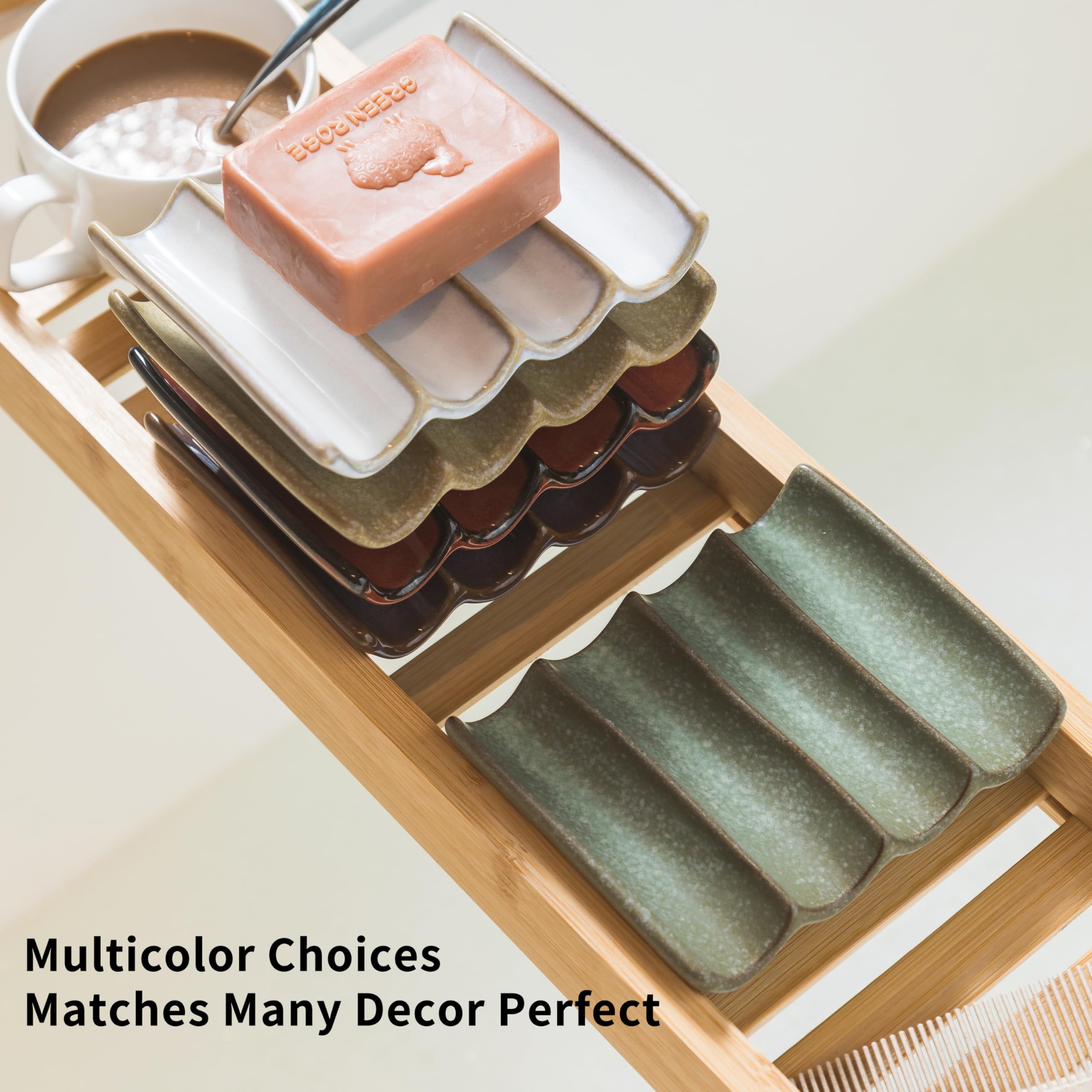 Cormomu Draining Ceramic Soap Dish - Fluted Design, Bar Soap Holder for Shower & Bathroom, Soap Saver Sponge Lift, Green