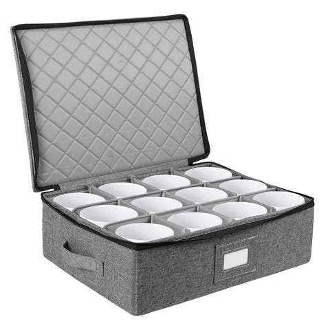 GWCYMYD Cup and Mug Storage Box with Dividers, Foldable Tea Cup Storage Box with Handles and Zipper Lid, Holds 12 Glassware Cups for Moving, Packing