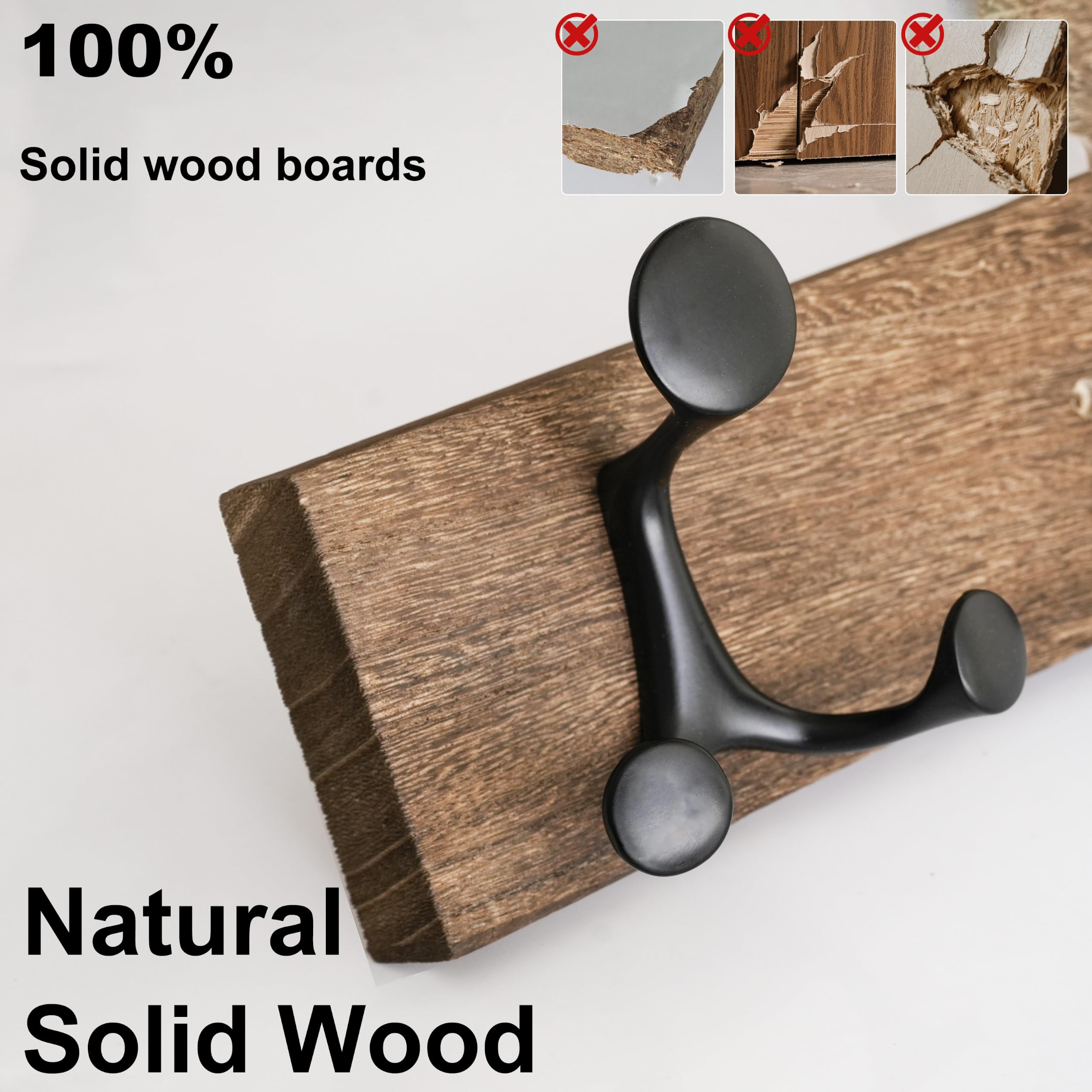 HONSKY Wall Mounted Coat Rack, 43cm Paulownia Wood Backboard, 3 Sturdy Black Aluminium Alloy Triple Hooks (9 Hanging Points)