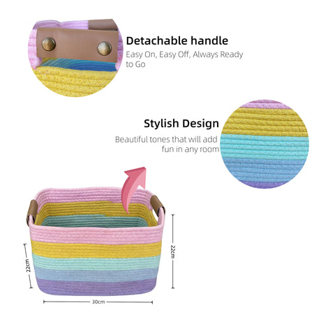 Uwenkjie 2-Pack Large Storage Baskets, Cotton Rope Woven Basket with Detachable Leather Handles, Foldable Home Organiser Bin for Toys, Clothes