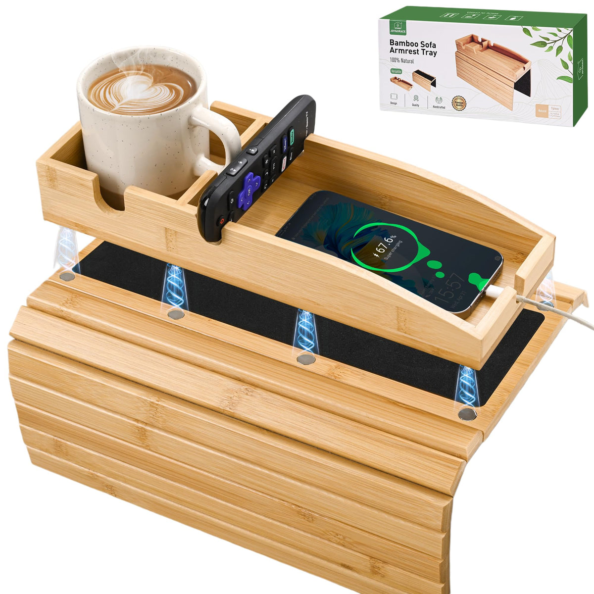 Joy&Grace Couch Cup Holder, 3-in-1 Magnetic Detachable Couch Arm Tray, Bamboo Sofa Armrest Table with Anti-Slip Pad, Sofa Armrest Tray Table (Natural)
