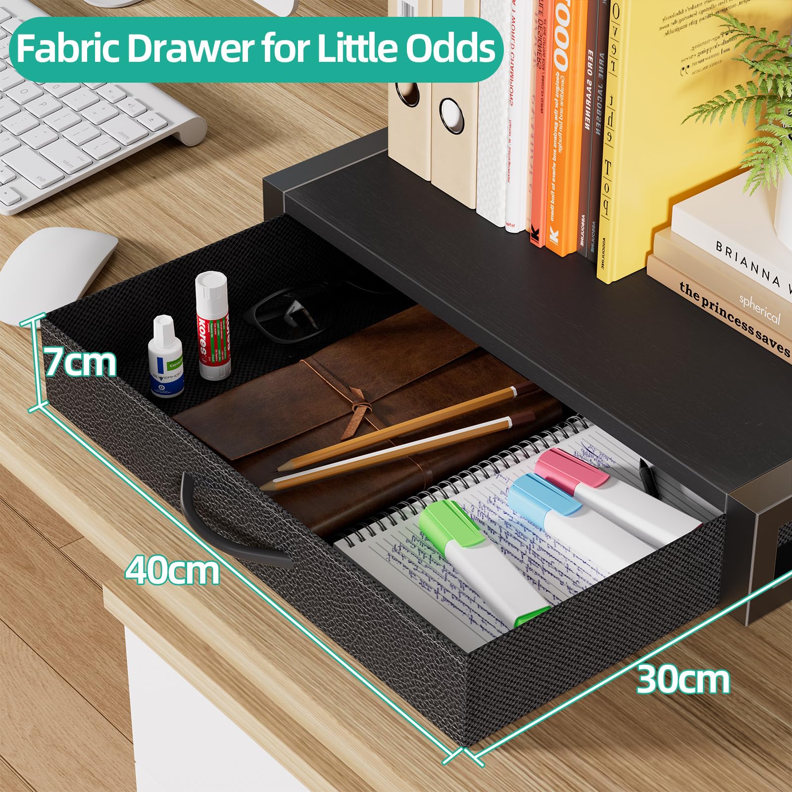 OYRREU 2-Tier Desktop Printer Stand with Fabric Drawer for Storage, Black