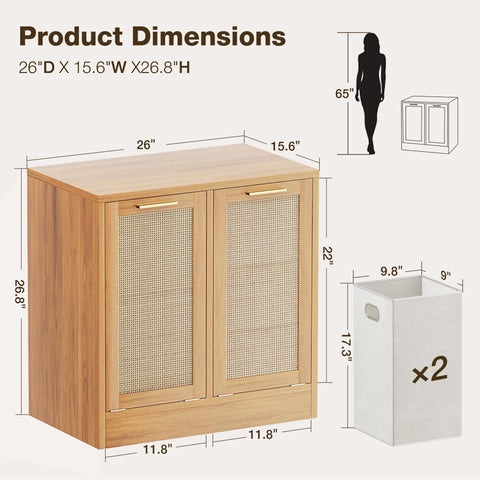 PATIOPIA Bathroom Cabinet with Laundry Baskets, Tilt Out Laundry Hamper, Bathroom Storage Cabinet with Real Rattan Design