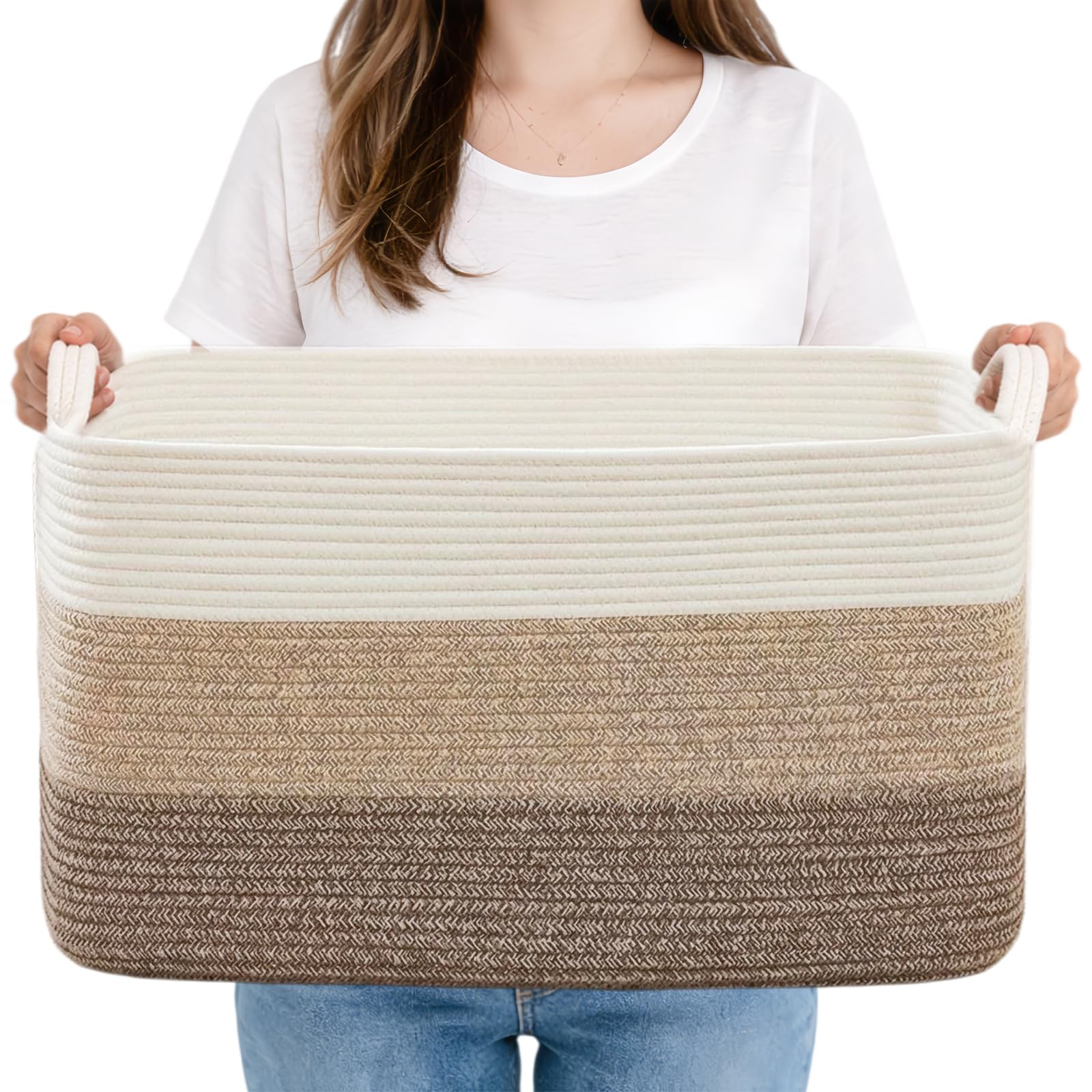 FANGCCC Large Storage Basket 55 x 43 x 30.5 cm, Cotton Rope Blanket Basket with Handles, Woven Storage Basket for Laundry, Clothes and Toy Storage
