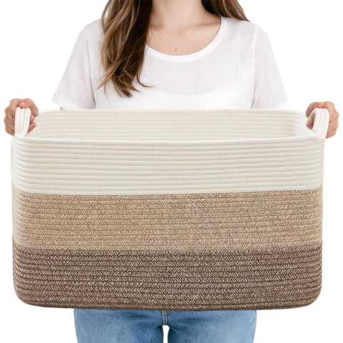 FANGCCC Large Storage Basket 55 x 43 x 30.5 cm, Cotton Rope Blanket Basket with Handles, Woven Storage Basket for Laundry, Clothes and Toy Storage