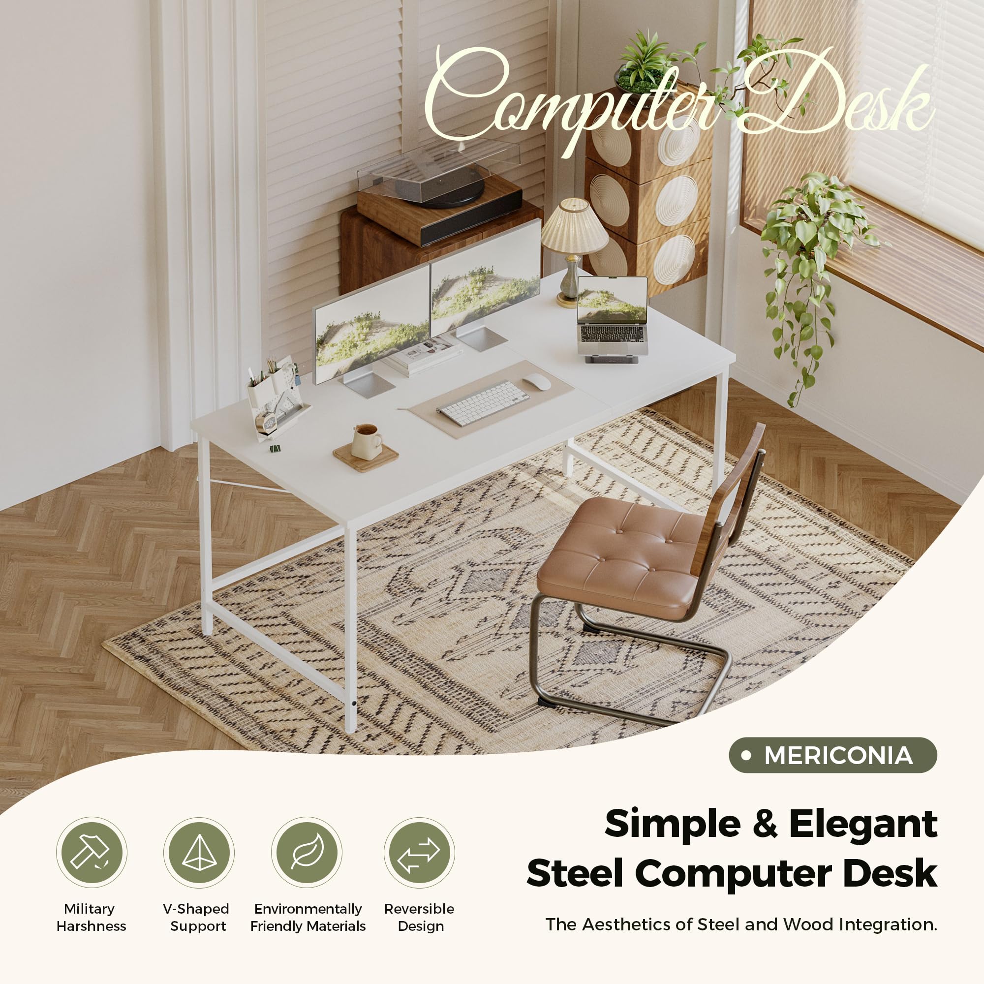 Mericonia Basic Computer Desk, 3 pieces Desktop, 140x50cm, White