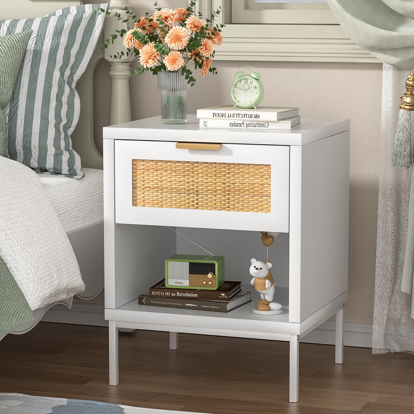 Skokliz Rattan Bedside Table, Boho Night Stand for Bedroom, 45x40x55 cm, Wood Nightstand with Drawer and Open Shelf, Side Table