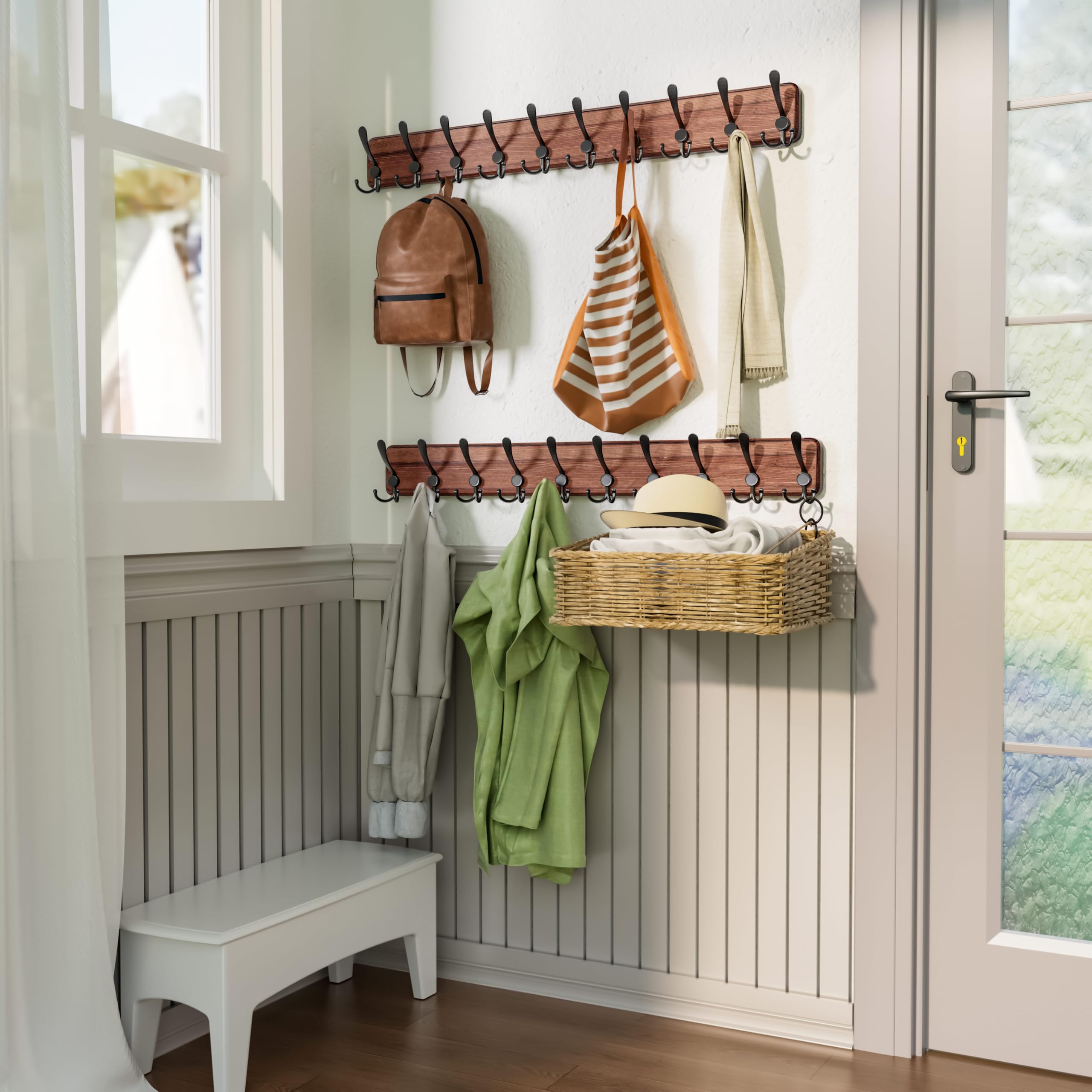 SKOLOO Coat Rack Wall Mounted - 38.3'' Long, Pack of 2, Wooden, Heavy Duty, Rustic Coat Hooks for Wall